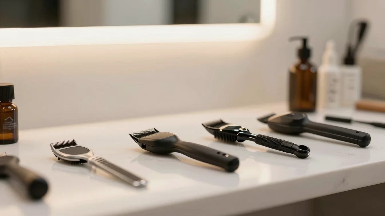 Close-up of neat barbering tools and professional hair cutting eq