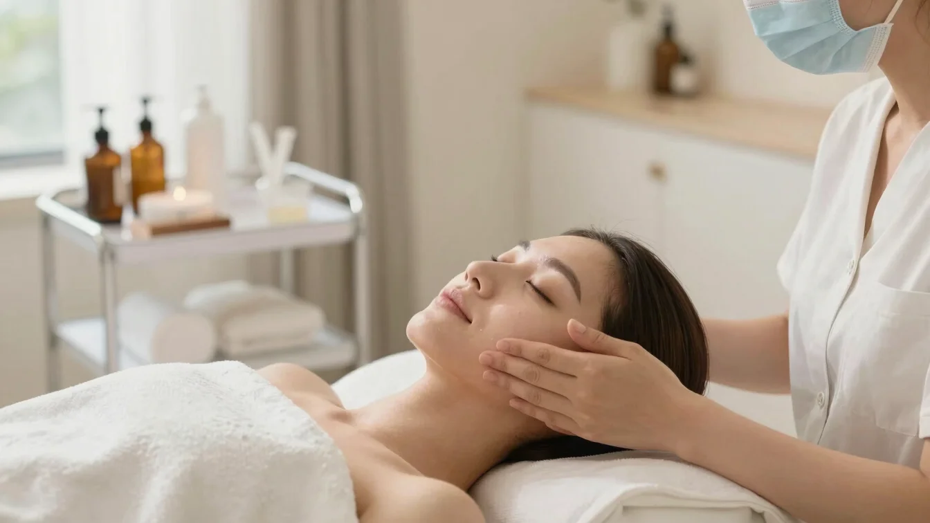 Tranquil facial massage setup in a warm, clean salon room with so