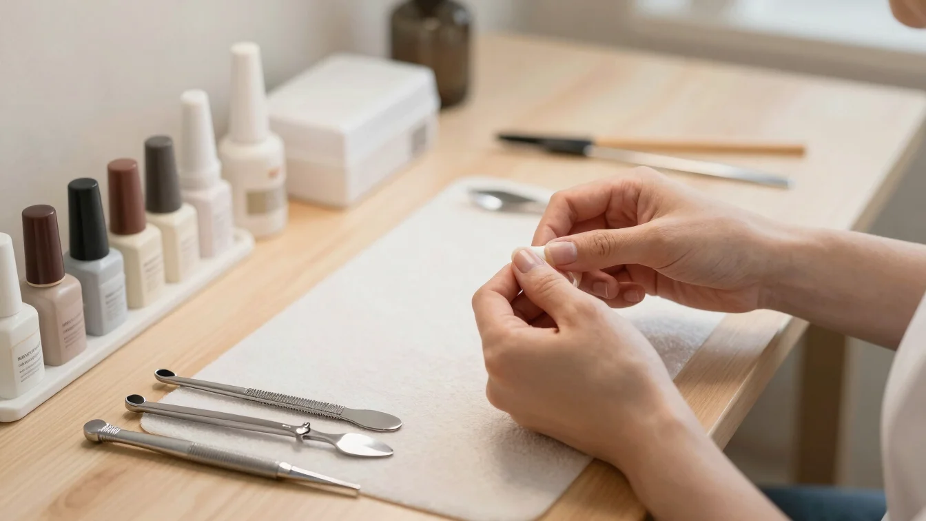 Clean manicure station with natural tones, neat tools, and polish